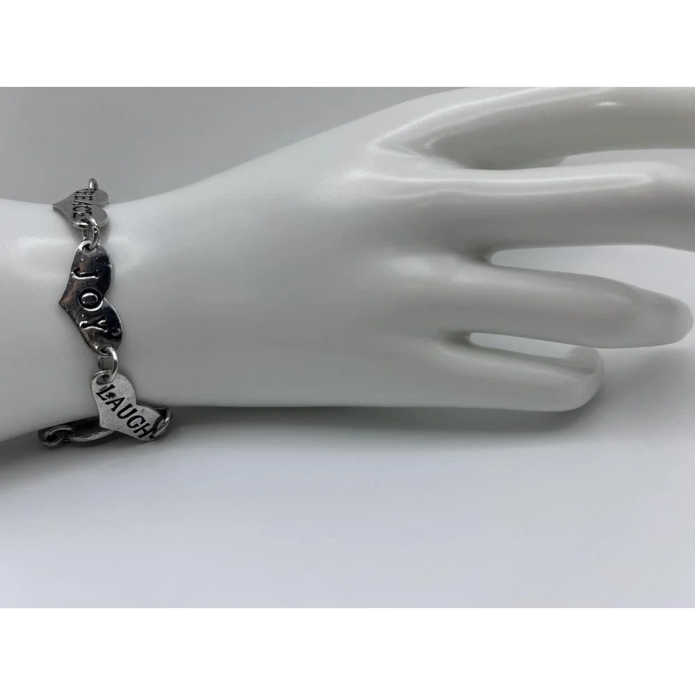 Bracelet Silver Tone Heart Charm PEACE JOY LAUGH DREAM Jewelry Lobster Clasp